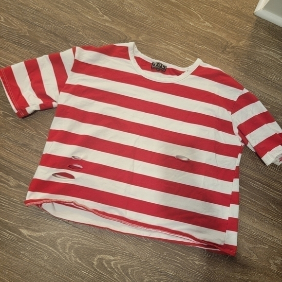 POL Red and White Striped distressed long crop tee Size Large - Picture 1 of 8